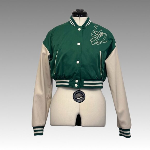 FOREVER 21 Jacket Cropped Varsity Letterman Baseball Bomber Sports Green Ivory S - Picture 1 of 15